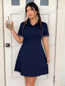 EZwear Модное простое платье А-силуэта для женщин больших размеров с подтянутой талией Shein, темно-синий