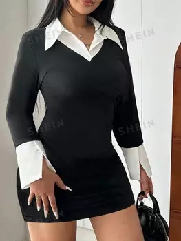 EZwear Облегающее платье в контрастную полоску, большие размеры, снова в школу, повседневная одежда и подходит для офиса, ежедневного использования Shein, черный