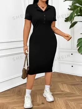 EZwear однобортное платье больших размеров с V-образным вырезом и короткими рукавами на лето Shein, черный