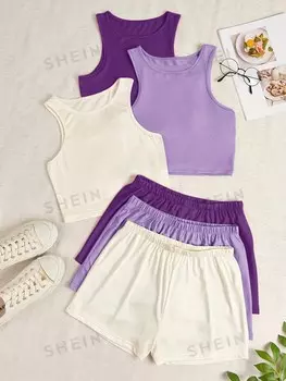 Ezwear Однотонная майка больших размеров из трех частей и шорты из трех частей Shein, мультиколор
