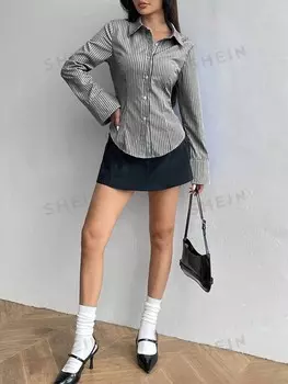 EZwear, Однотонная, облегающая полосатая рубашка с длинными рукавами для женщин Shein, мультиколор