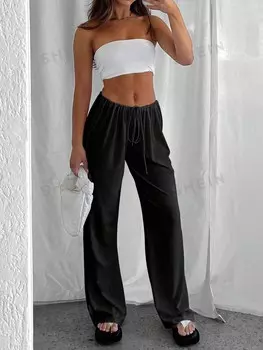 EZwear Однотонные брюки, заниженная талия, длинные Shein, черный