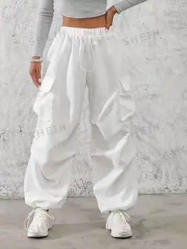 EZwear Однотонные свободные широкие брюки со шнурком Повседневные накладные карманы, стильные брюки в тон Shein, белый
