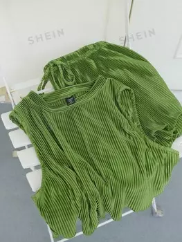 EZwear, Однотонный комплект из топа и шорт без рукавов для женщин больших размеров, повседневный комплект из 2 предметов Shein, зеленый