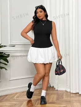 EZwear Платье без рукавов контрастного цвета для женщин больших размеров Shein, черно-белый