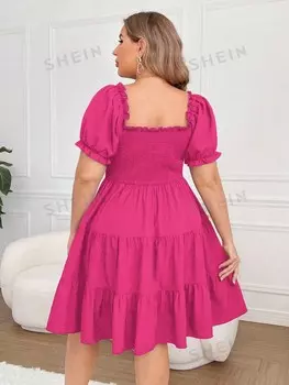 EZwear Платье больших размеров с v-образным вырезом и рюшами на подоле для летних каникул Shein, фуксия