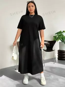 EZwear Платье-футболка больших размеров, круглый вырез, короткие рукава Shein, черный