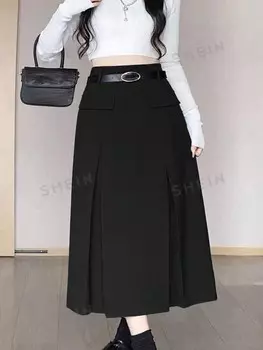 EZwear Плиссированная юбка больших размеров, завышенная талия, без пояса Shein, черный