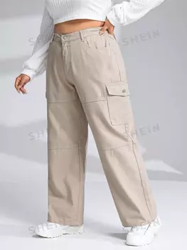 EZwear Plus Брюки-карго, высокая талия, боковые карманы с клапанами Shein, хаки