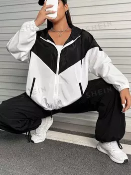 EZwear Plus Двухцветная куртка, спущенные плечи, капюшон Shein, черно-белый