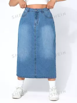 EZwear Plus Джинсовая юбка, брюки на молнии, разрез сзади Shein, светло-голубой