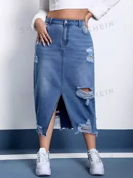 EZwear Plus Джинсовая юбка, рваные края, оборки по краям, высокий разрез Shein, синий