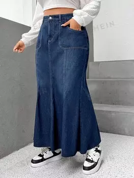 EZwear Plus Джинсовая юбка «рыбий хвост» Shein, тёмно-синий