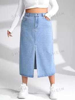 EZwear Plus, Джинсовая юбка с высокой талией и высоким разрезом Shein, синий