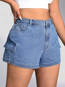 EZwear Plus Джинсовые шорты с боковыми карманами с клапанами Shein, синий