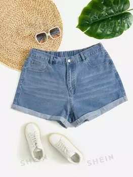 EZwear Plus Джинсовые шорты с подвернутым краем Shein, светло-голубой