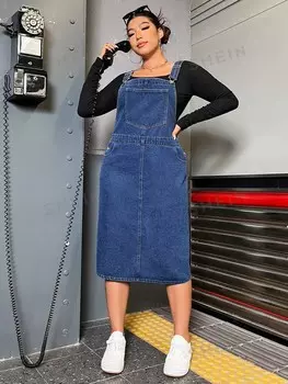 EZwear Plus Джинсовый комбинезон Юбка с диагональным карманом нет футболки Shein, темный синий