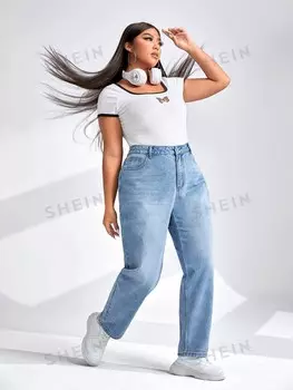 EZwear Плюс Джинсы прямого кроя Shein, светло-голубой