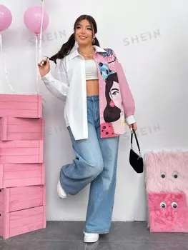 EZwear Plus Фигурная рубашка с рисунком, заниженная линия плеча Shein, белый