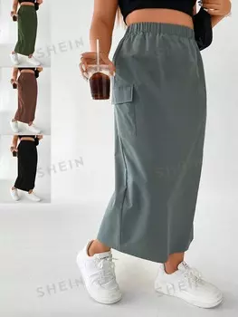 EZwear Plus Юбка-карго, боковые карманы с клапанами, разрез по краю Shein, серый