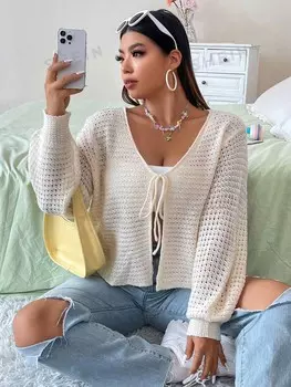 EZwear Plus Кардиган, бант спереди, рукава-фонарики Shein, абрикосовый