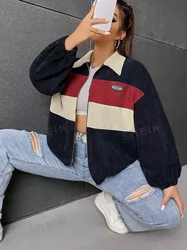 EZwear Plus Куртка Вельвет с застежкой-молнией и нашивками цветных блоков Shein, мультиколор