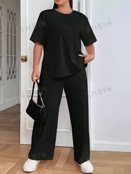 EZwear Plus Однотонная футболка с заниженными плечами и широкие брюки Shein, черный