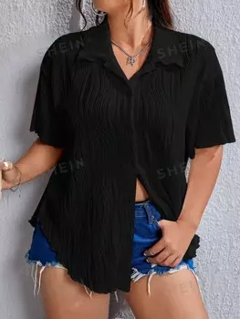 EZwear Plus Однотонная рубашка с пуговицами спереди Shein, черный