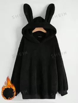 EZwear Plus Однотонная толстовка с 3D-дизайном ушей Shein, черный