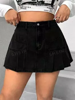 EZwear Плюс размер Джинсовая юбка с рюшами/рюшами Shein, черный