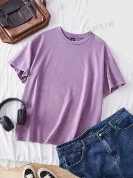 EZwear Плюс Размер Кислотная стирка Винтажный вид Трикотажная футболка свободного кроя с короткими рукавами Shein, фиолетовый