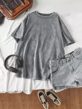 EZwear Плюс Размер Кислотная стирка Винтажный вид Трикотажная футболка свободного кроя с короткими рукавами Shein, темно-серый