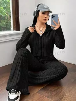 EZwear Плюс размер Комплект из трикотажной куртки на молнии спереди и длинных брюк в рубчик Shein, черный