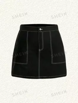EZwear Плюс размер Короткая юбка со швом сверху Shein, черный