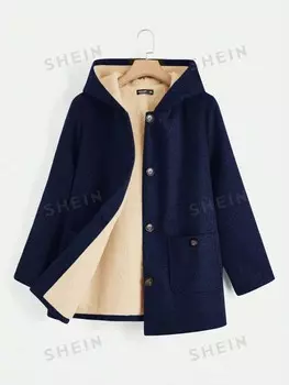 EZwear Плюс Размер Куртка с двумя карманами на теплой подкладке с капюшоном Shein, темно-синий