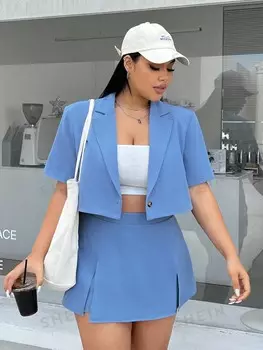 EZwear Плюс Размер Однотонный тканый комплект из пиджака и юбки Shein, синий