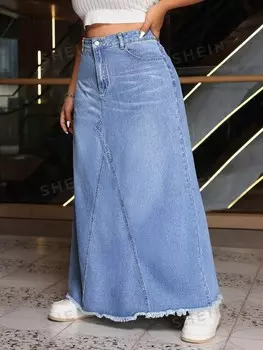 EZwear Плюс Размер Повседневная Удлиненная Джинсовая Юбка с Потрепанным Подолом Весна/Лето Shein, синий
