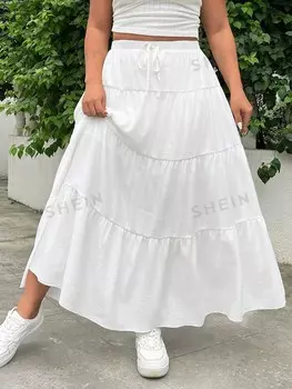 EZwear Плюс Размер Свободного кроя Летняя юбка длиной до колена Белая многослойная юбка Shein, белый