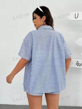 EZwear Плюс размер тканый комплект из сине-белой полосатой повседневной рубашки и шорт Shein, синий