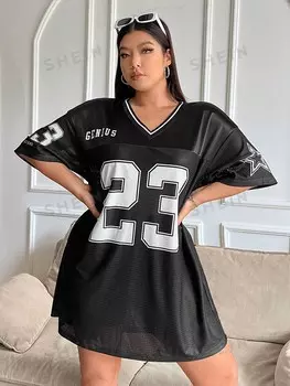 EZwear Плюс Размер Женская 23 Лоскутная Прозрачная футболка с принтом и платьем из джерси Shein, черный