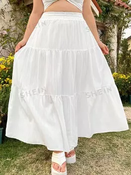 EZwear Плюс Размер Женская однотонная юбка с рюшами по подолу Shein, белый