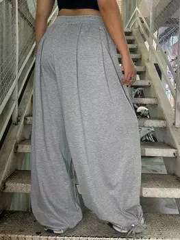 EZwear Плюс Размер Женские Однотонные Широкие Брюки Свободного кроя на шнурке Джоггеры Shein, серый