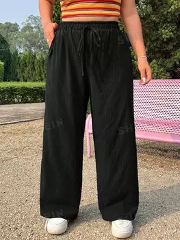 EZwear Плюс Размер Женские Простые однотонные летние широкие брюки Shein, черный