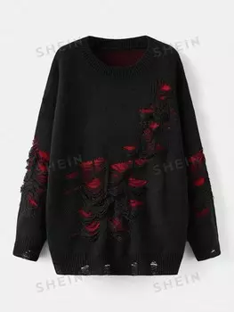 EZwear Plus, Рваный свитер, заниженные плечи Shein, черный