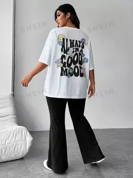 EZwear plus size, Буквенный узор, короткий рукав, топ + однотонный комплект, комплект брюк-клеш Shein, черно-белый