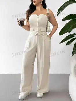 EZwear Plus Size, Комплект из 2 предметов, модные широкие брюки с бюстье, топ с открытой спиной на пуговицах и V-образным вырезом, поясной ремень и акценты на карманах Shein, абрикосовый