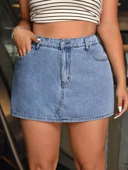 EZwear Plus Size Однотонная джинсовая юбка, на пуговицах, с карманом, лето Shein, синий