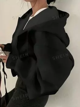 EZwear Plus Size Однотонная толстовка с завязками Shein, черный