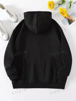 EZwear Plus Толстовка, однотонная, застежка-молния, кулиска, теплая подкладка Shein, черный