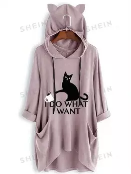EZwear Plus Толстовка с 3D ушками в виде кота и букв Shein, красновато-коричневый/бордовый